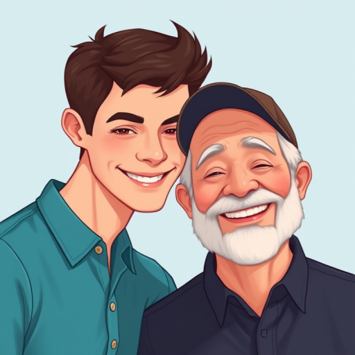 Create an illustration of a young man with short dark hair wearing a teal shirt, leaning towards an older man with gray hair and a beard, wearing a black cap and shirt, both smiling against a light blue background, using a Canon EOS R5, ISO 100, f/8, 50mm lens, soft lighting for a warm and inviting atmosphere.