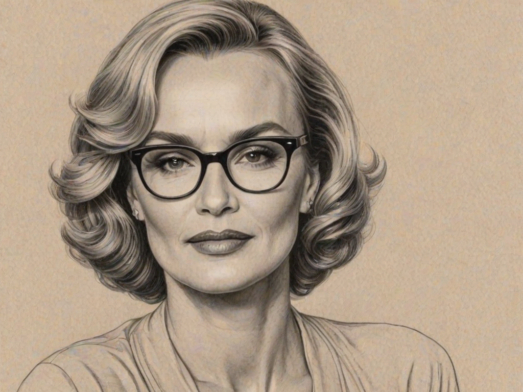 Gorgeous Jessica Lange, pencil sketch, portrait of Dazzling woman 1941s in glasses, hair style beatnik, outline, clear lines, fine lines, 8k