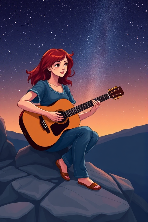 Create an image of a serene young woman with red hair playing an acoustic guitar on a rocky outcrop under a starry night sky, using a Canon EOS R5 with a 50mm f/1.8 lens at ISO 100, f/2.8, and a shutter speed of 1/250s for a vibrant and clear illustration.