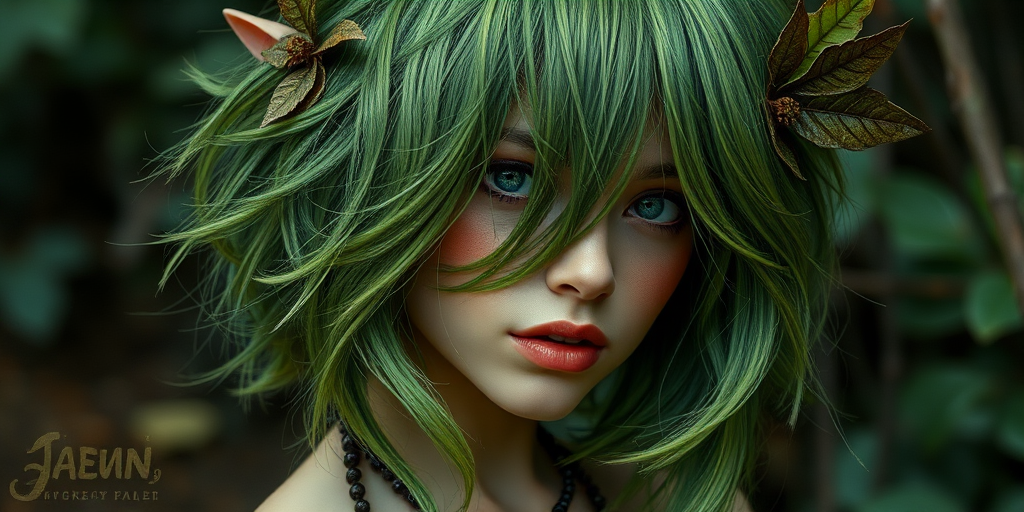 Enchanting forest green-haired nymph with a tousled, layered bob featuring leaf-like textures and nature-inspired accessories