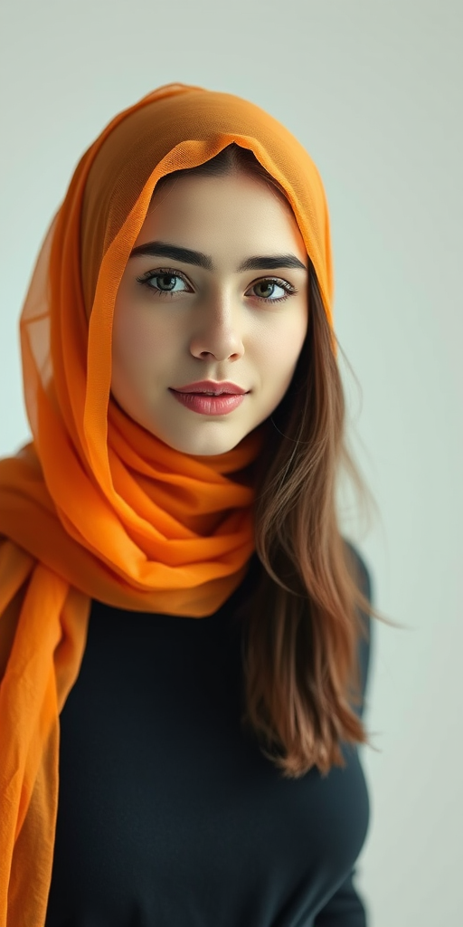 portrait of a young woman with an orange sheer headscarf, soft focus, natural light, aperture f/1.8, shutter speed 1/125s, ISO 100, 85mm lens, studio photography setting