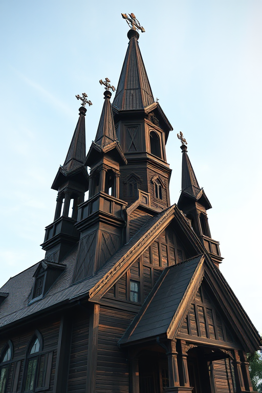 Regenerate image of an intricate wooden church with multiple spires and a dark exterior, taken with a DSLR camera at ISO 100, aperture f/8, shutter speed 1/200s, wide-angle lens, shot from a low angle to emphasize height and detail.