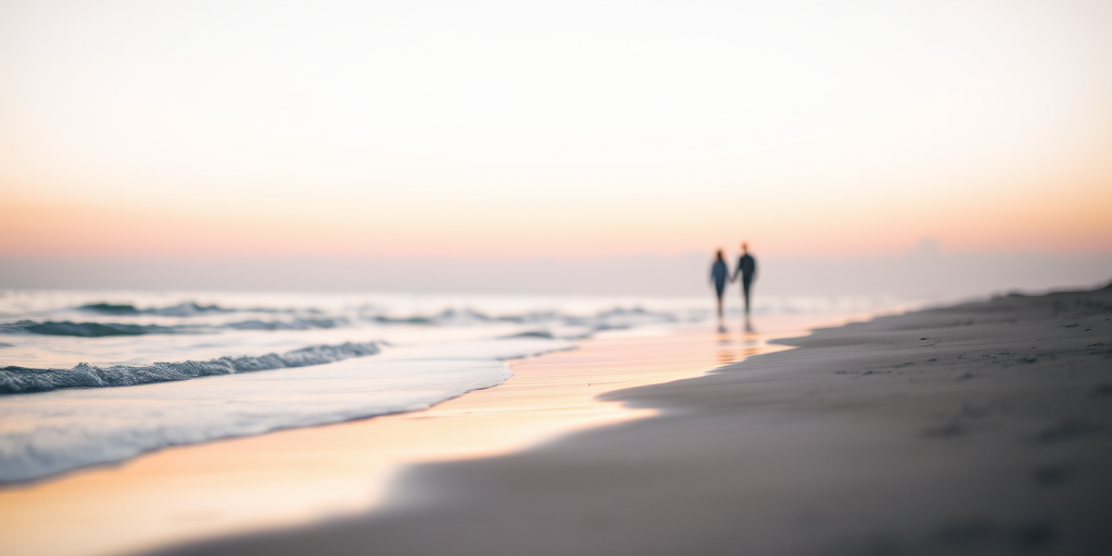 Soft-focus image of a tranquil beach at sunset, with gentle waves lapping at the shore, soft pastel hues in the sky, and a silhouette of a couple walking hand in hand.