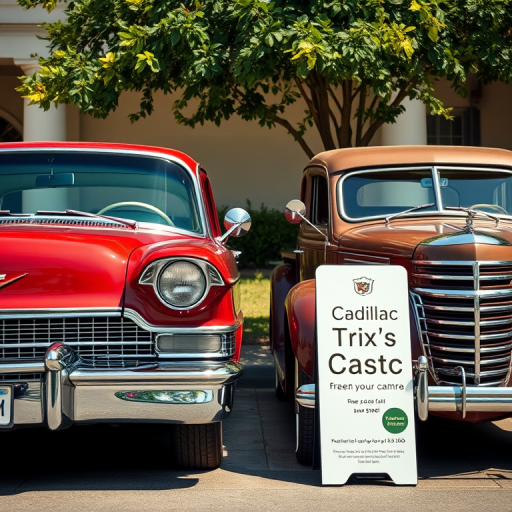 regenerate a high-quality image of a red vintage Cadillac and a brown vintage car parked side by side with promotional signs in front, taken with a Canon EOS R5 at 24mm, f/4 aperture, ISO 100, in natural daylight, capturing the vibrant colors and details of the cars and surroundings