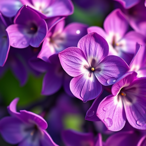 Close-up of vibrant purple lilac flowers with water droplets, shallow depth of field, natural lighting, shot with a macro lens, f/2.8, 1/200s, ISO 100, DSLR camera.