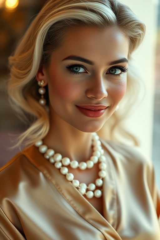 A beautiful Inca woman reminiscent of 1950s Hollywood glamour, with perfectly styled blonde hair and a seductive smile, dressed in a satin blouse and adorned with pearls, soft and warm tones, photorealistic, 8K