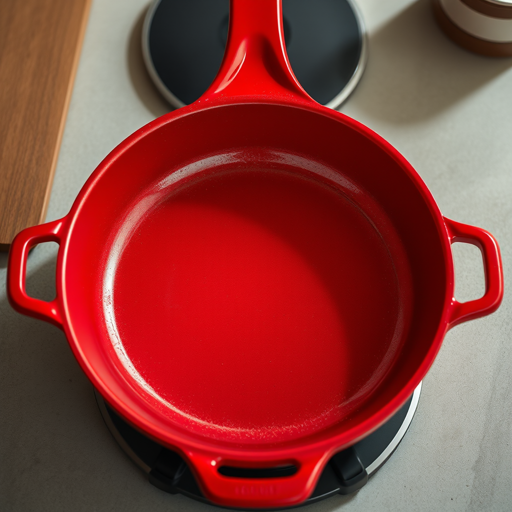 Create a high-resolution digital illustration of a red frying pan viewed at a slight angle from above, using a Canon EOS R, 50mm f/1.8 lens, aperture f/4, ISO 100, and shallow depth of field to enhance image quality and focus on the pan's surface texture.