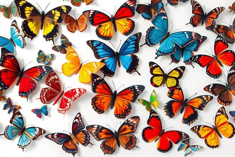 Generate an intricate collection of realistic butterflies in various positions and colors, shot with a DSLR camera at 50mm focal length, aperture set to f/2.8 for depth of field, 1/200 sec shutter speed for sharpness, against a plain white background to enhance the vibrant colors and details of the wings.