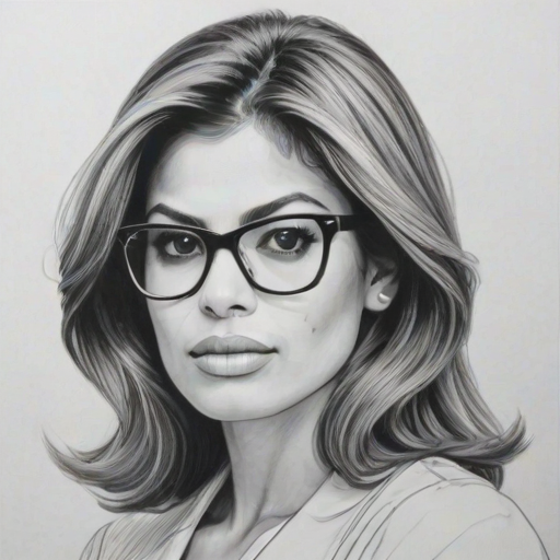 Captivating Eva Mendes, pencil sketch, portrait of Pleasing woman 1980s in glasses, hair style beatnik, outline, clear lines, fine lines, 8k