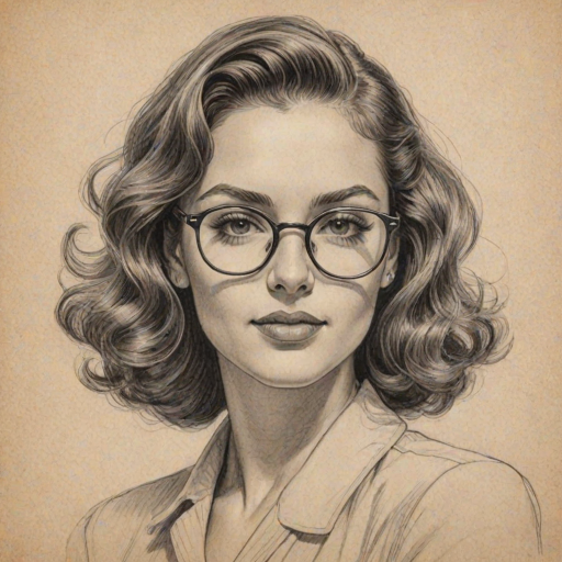 Exquisite H.E.R., pencil sketch, portrait of Attractive woman 1939s in glasses, hair style beatnik, outline, clear lines, fine lines, 8k