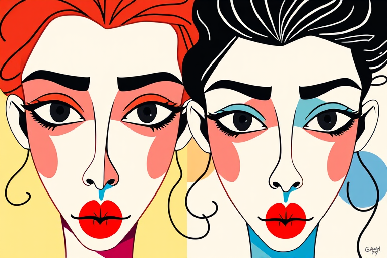 Create a vibrant, high-resolution illustration of two stylized abstract faces with exaggerated features, using a digital art style to emphasize bold lines and contrasting colors, captured using a Canon EOS R5 with a 50mm f/1.2 lens, ISO 100, aperture f/4, and a shallow depth of field for a clean, artistic effect.