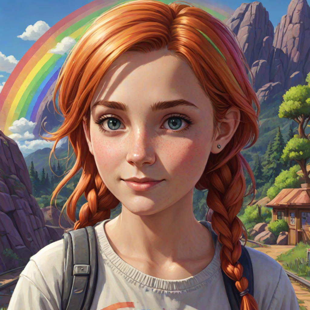 (VGA graphics, 256 colors, digitized), lcas artstyle, 1girl, (detailed facial features), super cute, adorable, Rainbow Road, <lora:Lucasarts Artstyle - (Trigger is lcas artstyle):1>