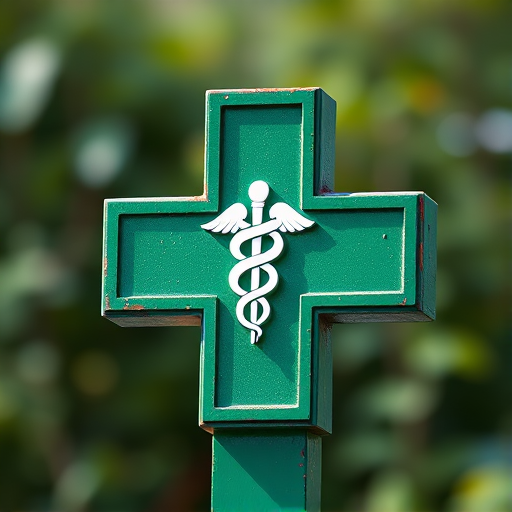 Create a high-resolution image of a green cross with a white caduceus symbol in the center, shot with a DSLR camera at f/8 aperture, ISO 100, 50mm lens, with a shallow depth of field to enhance the focus and clarity of the emblem, capturing from an eye-level angle in natural light.