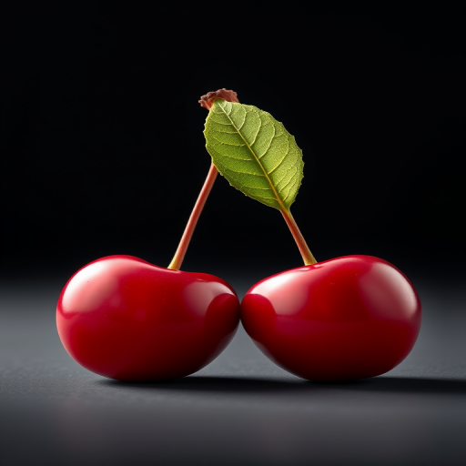 Create a high-resolution vector graphic of two red cherries with a green leaf on top, using a macro lens at f/2.8, 1/125s shutter speed,  ISO 100, in a studio lighting setup with softbox illumination.