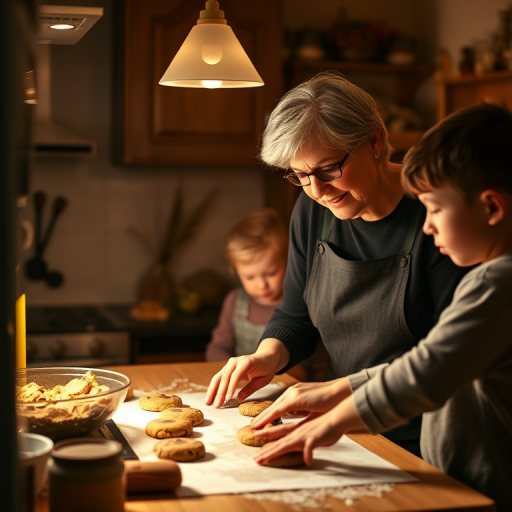 Warm, softly lit image of a grandmother teaching her grandchildren to bake cookies in a cozy kitchen, soft glow from the oven casting warm shadows, with the smell of chocolate and vanilla filling the air.