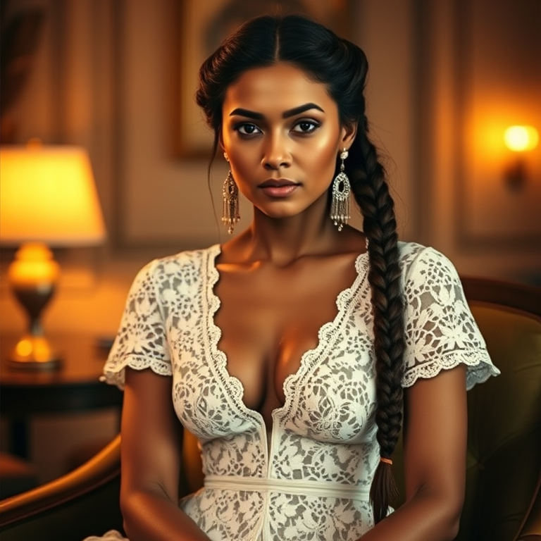 Create a portrait of a refined and elegant Native American woman seated in a sophisticated setting. She has long, wavy hair styled in two thick braids that are pulled over her shoulders. She wears a white, lace gown with intricate patterns, featuring a deep V-neckline and short sleeves. The dress exudes a vintage charm with its delicate lacework. She is adorned with ornate, dangling earrings that add a touch of glamour to her appearance. The background is softly lit, with warm, ambient lighting that creates a cozy and inviting atmosphere. Her expression is poised and serene, capturing a sense of grace and elegance.