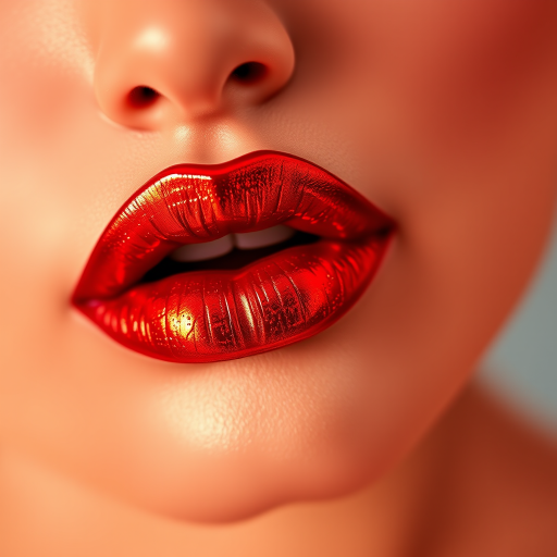 Fierce "Dragon's Breath" duochrome lip lacquer shifting between fiery red and molten gold, high-impact shine for bold and daring makeup looks