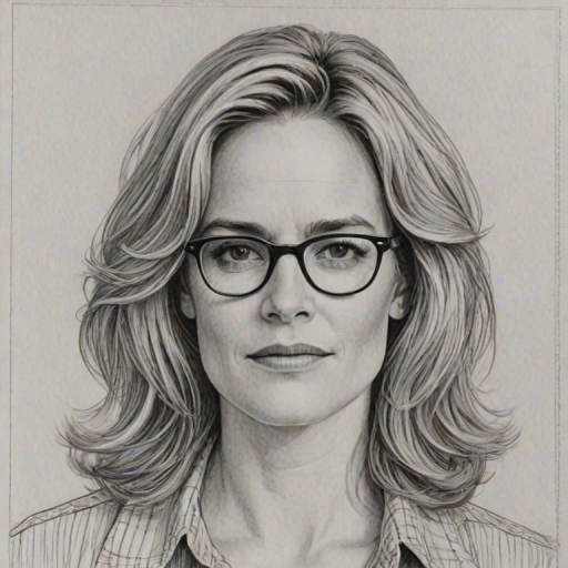 Delightful Elisabeth Shue, pencil sketch, portrait of Comely woman 1975s in glasses, hair style beatnik, outline, clear lines, fine lines, 8k