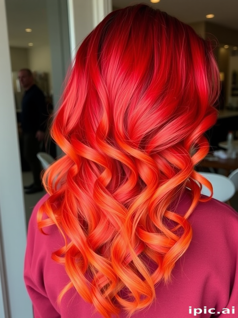 Fiery ombre locks transition from deep crimson roots to bright orange tips, styled in voluminous curls reminiscent of flickering flames, embodying the fierce and passionate "Phoenix Rising" style