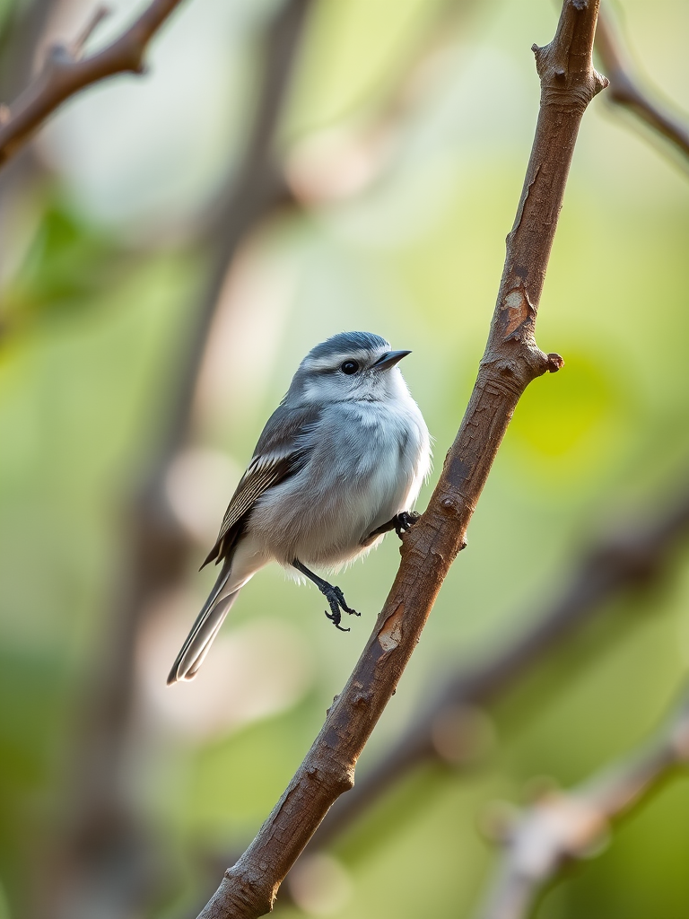 Create a high-resolution image of a small bird perched on a tree branch with clear detail, using a DSLR camera, 200mm lens, f/4 aperture, ISO 200, in natural light, capturing a shallow depth of field to emphasize the bird against a blurred background.
