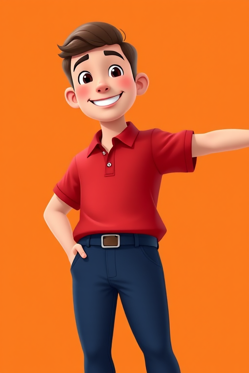 Create a high-resolution digital illustration of a smiling cartoon man with short hair wearing a red polo shirt and navy blue pants, standing with his right arm extended to the side on a vibrant orange background, using a 50mm lens, f/4 aperture, ISO 100, shot in portrait mode with a soft focus to enhance the character's features.