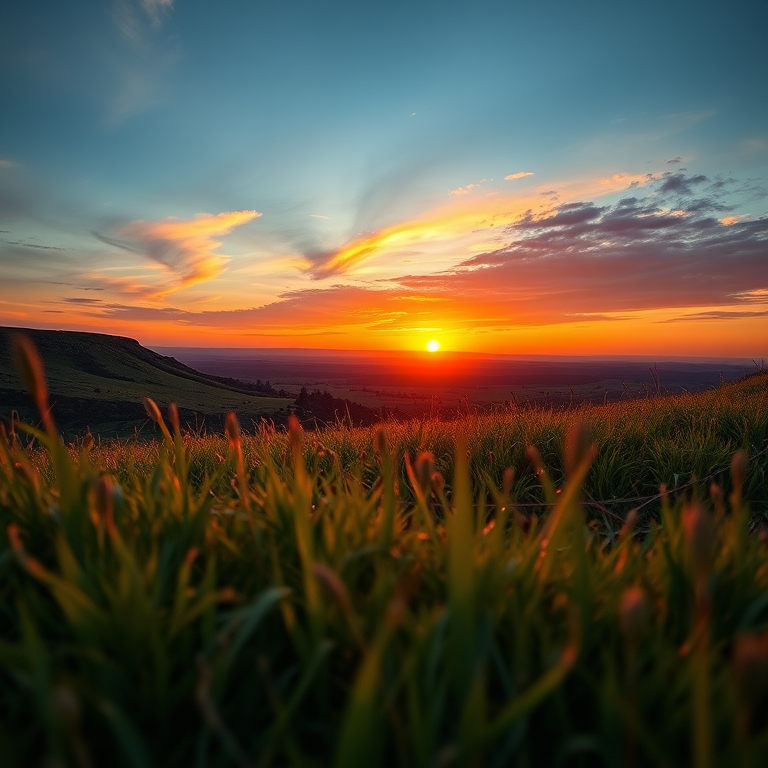 Create a high-resolution image of a vibrant landscape at sunset, ISO 100, f/8 aperture, 1/125 sec shutter speed, wide-angle lens, shot from a low angle to capture foreground details, using a DSLR camera for optimal clarity and depth.