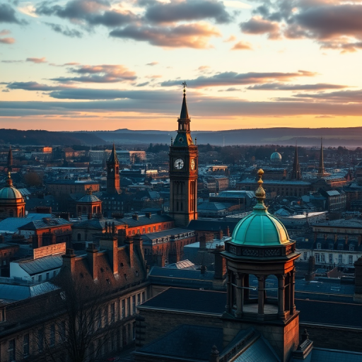 Capture a high-resolution aerial view of Edinburgh's skyline during golden hour with the clock tower prominently featured, utilizing a DSLR camera set to 24mm focal length, f/8 aperture, ISO 200, with a shallow depth of field and soft focus on foreground elements.