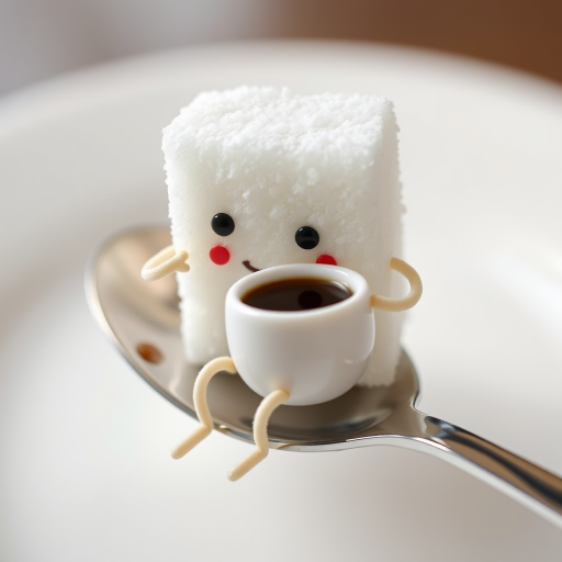 A sugar cube with a face and legs, sitting on a spoon and sipping a tiny cup of coffee.