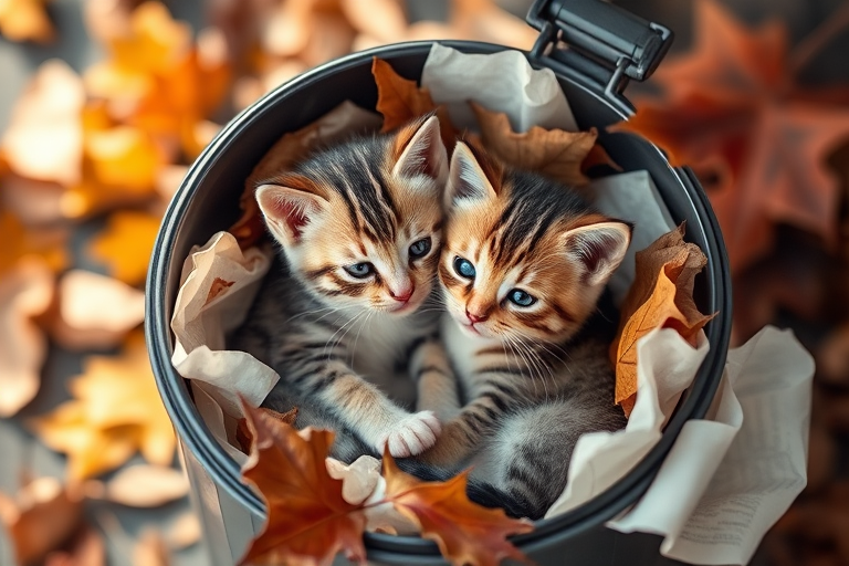 two adorable kittens cuddling in a trash can surrounded by crumpled papers and autumn leaves, soft natural lighting, shallow depth of field, 50mm lens, f/1.8 aperture, ISO 200, captured with a DSLR camera