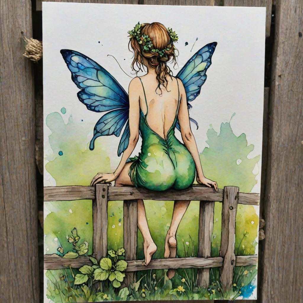 create an image of a fairy from behind sitting on a  fence watercolour and alcohol inks