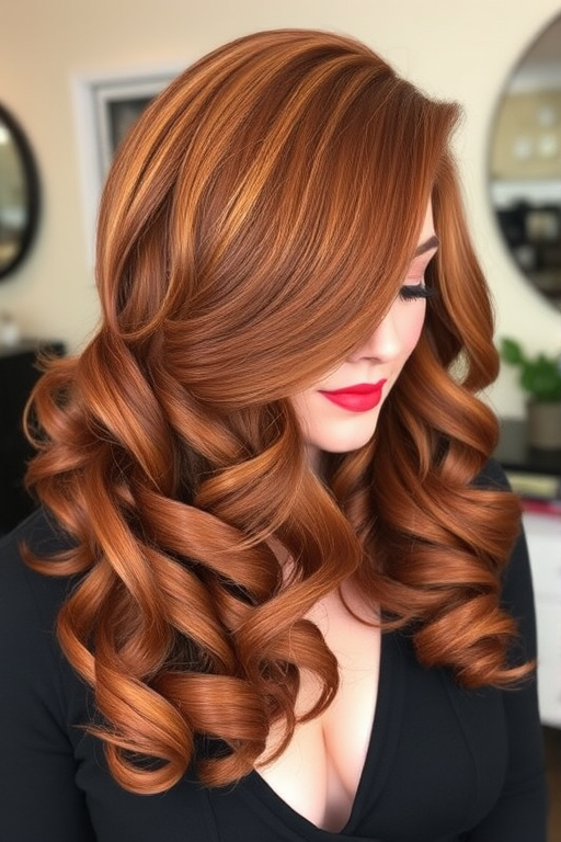 Rich auburn locks styled in voluminous vintage curls, courtesy of "Timeless Tresses" boutique, boasting a deep side part and glossy finish that evokes old Hollywood glamour, with subtle caramel highlights woven throughout to add dimension and warmth to the classic look.