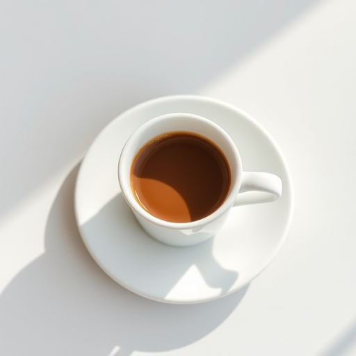 Regenerate the image of a minimalistic coffee cup and saucer set from a top-down view and side view, shot with a DSLR camera at f/2.8 aperture, 50mm lens, soft natural lighting, ISO 100, and a shallow depth of field for enhanced clarity.