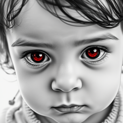 A hyperdetailed photorealistic black and white sketch of a beautiful toddler with deep red eyes, with a macro focus