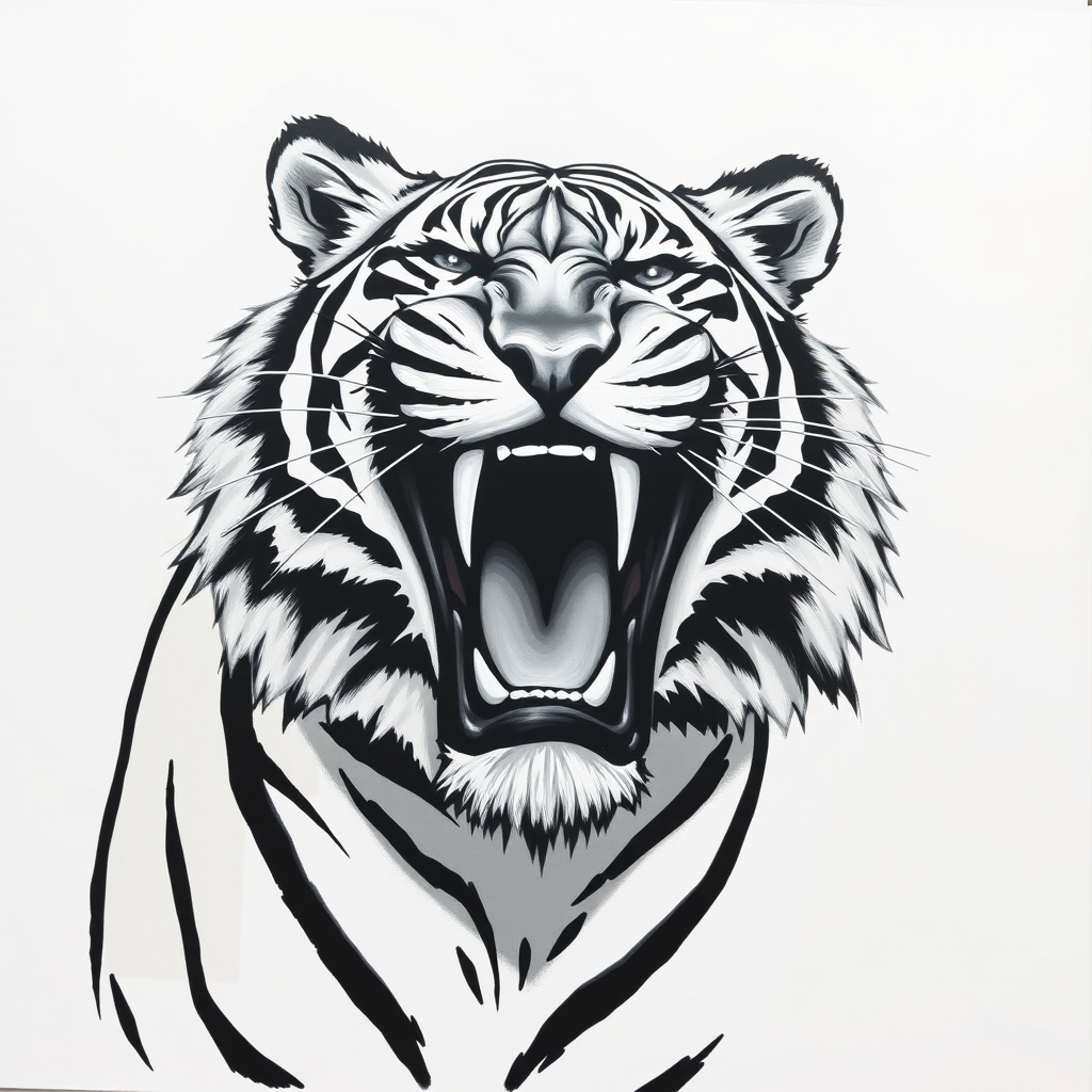Abstract black and white acrylic portrait of an over exaggerated laughing (tiger). Minimalism style. White background.