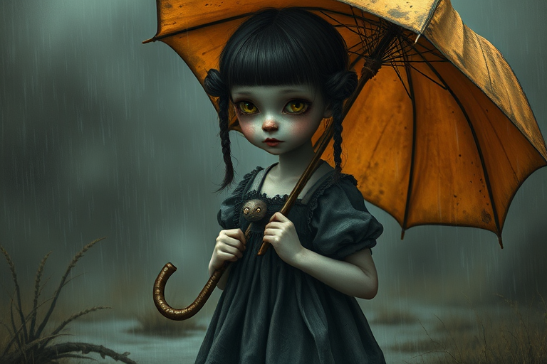An eerie, weird little girl with dark hair in thin pigtails, wearing a smock dress, standing in the rain, holding a dirty orange umbrella, a small, odd creature beside her. In a surreal style inspired by Nicoletta Ceccoli and Brian Froud. Dark fantasy themes
