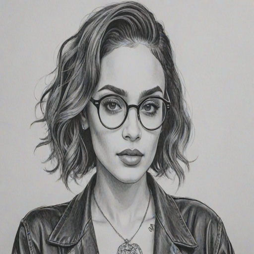 Alluring Kehlani, pencil sketch, portrait of Alluring woman 1935s in glasses, hair style beatnik, outline, clear lines, fine lines, 8k