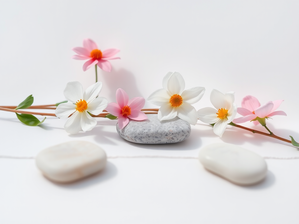 Generate a minimalist floral and stone composition with soft pastel colors, featuring stylized flowers and smooth stones arranged neatly behind delicate lines, in a bright, well-lit setting, using a DSLR camera, 50mm lens, f/1.8 aperture, ISO 200, and soft natural light to enhance details and colors.