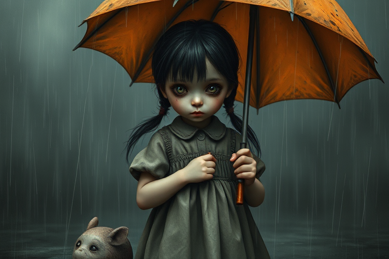 An eerie, weird little girl with dark hair in thin pigtails, wearing a smock dress, standing in the rain, holding a dirty orange umbrella, a small, odd creature beside her. In a surreal style inspired by Nicoletta Ceccoli and Brian Froud. Dark fantasy themes