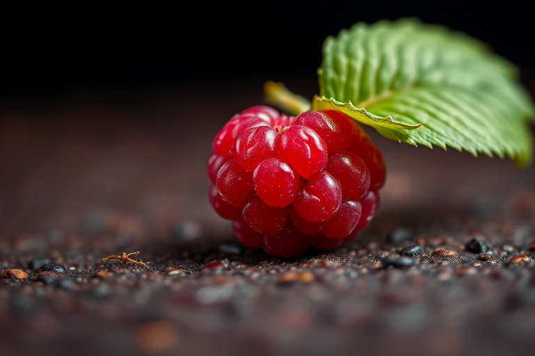 A close-up shot of a single raspberry with a green leaf on a rich textured surface, using a DSLR camera with a 100mm macro lens at f/2.8, ISO 100, and a shallow depth of field to emphasize the fruit, with soft diffused lighting and a dark gradient background for enhanced contrast.