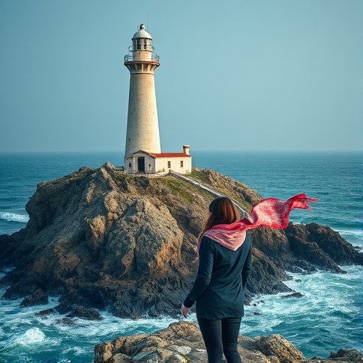 Deserted lighthouse perched on a rocky cliff, waves crashing against the rocks below, a woman stands at the base of the lighthouse, her scarf blowing in the strong wind as she gazes out at the sea.