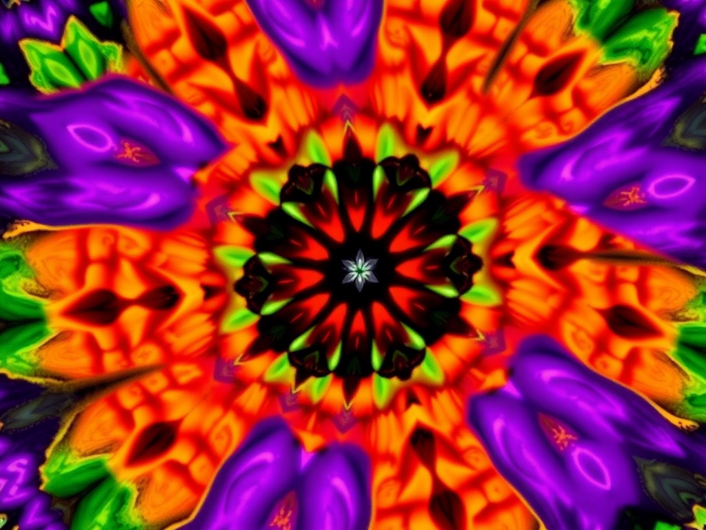 Create a vibrant kaleidoscopic pattern featuring star shapes and intricate designs with rich colors like purple, orange, and green, using a high-resolution digital camera at ISO 100, f/8 aperture, 1/60s shutter speed, capturing from a symmetrical top-down view with a macro lens for enhanced detail.