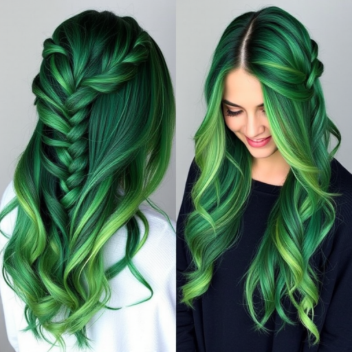 Enchanted Forest Locks boast a rich emerald green ombre effect, transitioning from deep forest tones at the roots to lighter lime hues at the tips, styled in loose bohemian braids