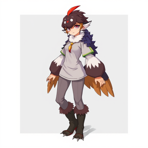 contessa,furry, 1girl, two-tone fur, long sleeves, shirt, feathers, pants, high boots, bird girl, contessa animalympics, avian, beak