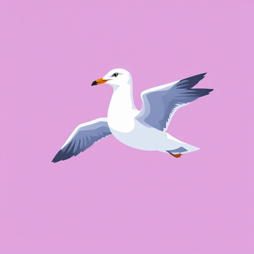 create a high-resolution vector illustration of a stylized seagull on a pastel purple background using a digital camera with a 50mm lens, aperture f/2.8, ISO 100, and soft lighting for clarity and detail