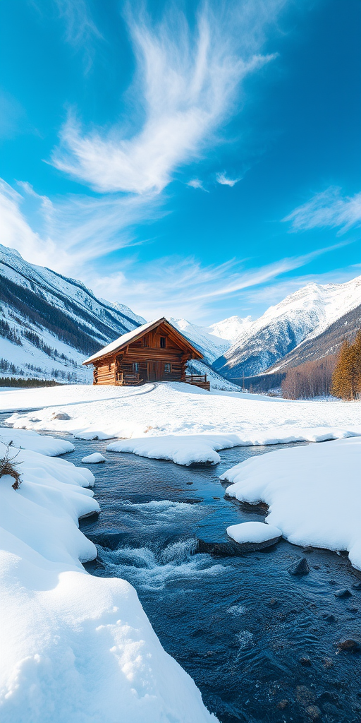 photograph of a rustic wooden cabin in a snowy landscape with a river flowing in the foreground, bright blue sky with wispy clouds, shot with a DSLR camera at f/8 aperture, ISO 100, 1/250 sec shutter speed, wide-angle lens, capturing vibrant details and textures of the snow and mountains.