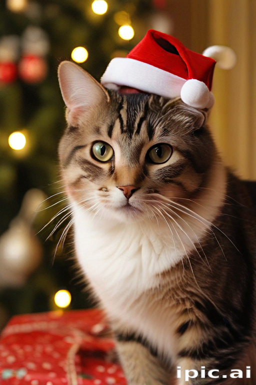 A Festive Cat Wearing a Santa Hat Surrounded by Holiday Cheer.
