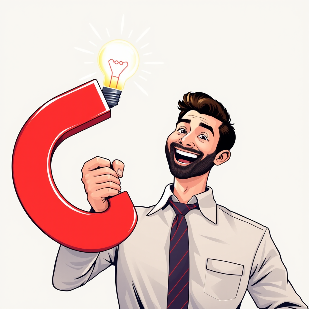 Create a high-resolution vector-style illustration of a cheerful businessman holding a light bulb with energy rays emanating from it, while a large red magnet with hands pulls energy towards it, using a Canon EOS R5 camera, 50mm lens, f/1.8 aperture, 1/250s shutter speed, in soft, diffused lighting to enhance clarity and color vibrancy.