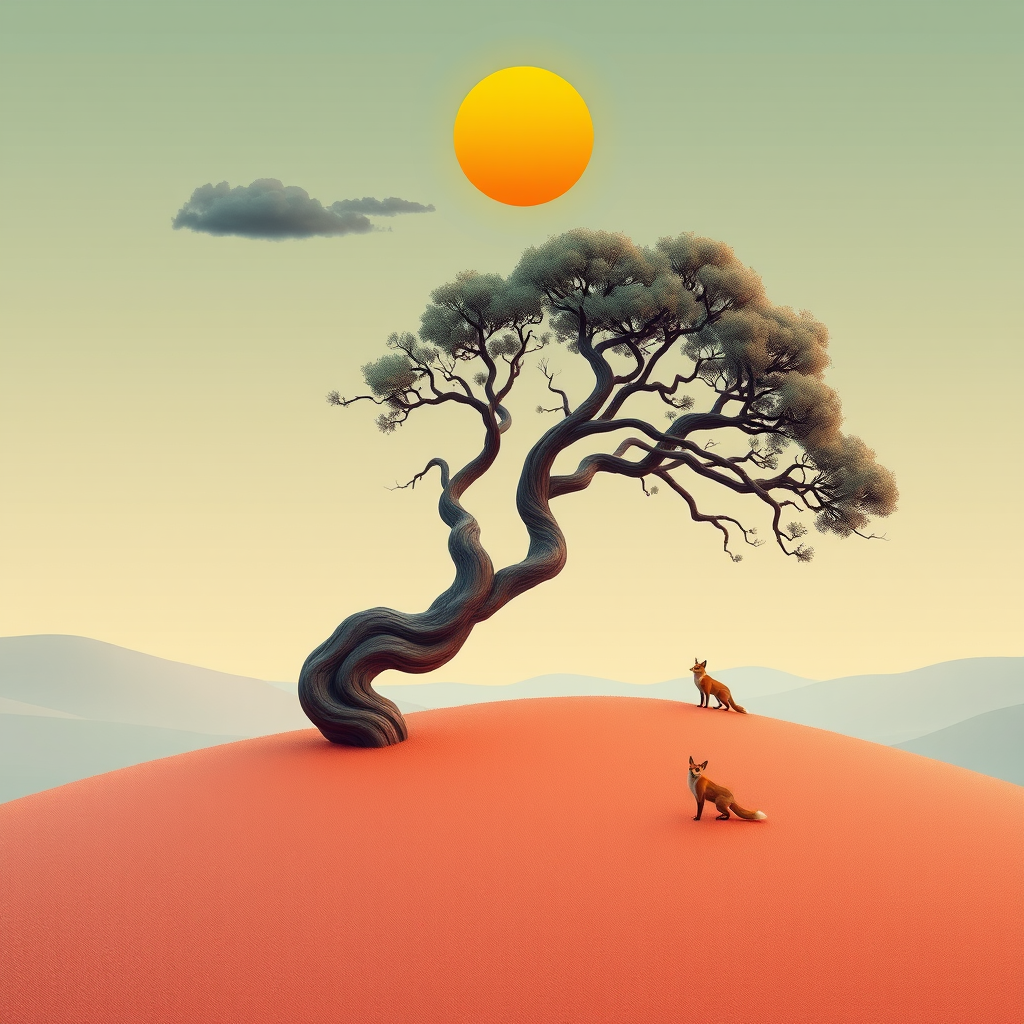 3D Geo-abstract landscape pastel muted colours. abstract tree with twisted contorted trunk. round vivid orange opaque sun in sky with single dark cloud. tiny fox. Topaz Look filter applied plus Topaz edge. Generative fill with some objects in PS.