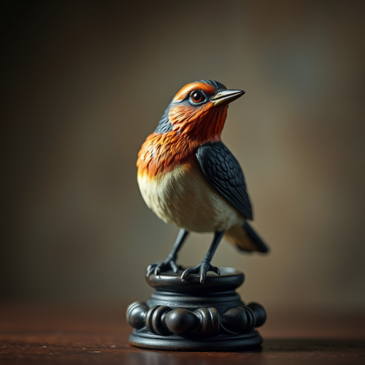 high-resolution close-up of a beautifully crafted bird figurine perched on a decorative base, studio lighting, f/2.8 aperture, 50mm lens, ISO 100, soft focus background, DSLR camera