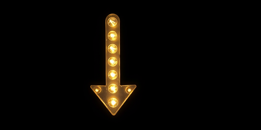 Create an image of a downward pointing arrow made of glowing bulbs on a black background, shot with a DSLR camera at f/2.8, ISO 100, 50mm lens, with a soft focus style and high dynamic range to enhance details and contrast.